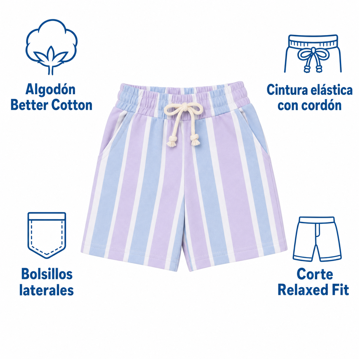 Pantalón Corto Infantil Lily & Dan — Rayas Lila y Azul