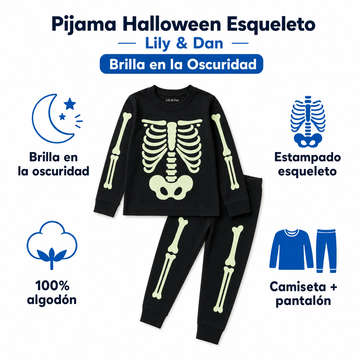 Pijama Halloween Esqueleto Lily & Dan — Brilla en la Oscuridad