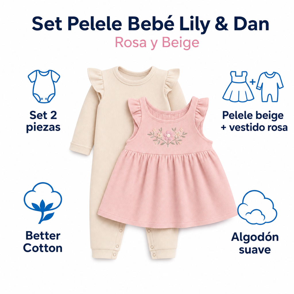 Set Pelele Bebé Lily & Dan — Rosa y Beige