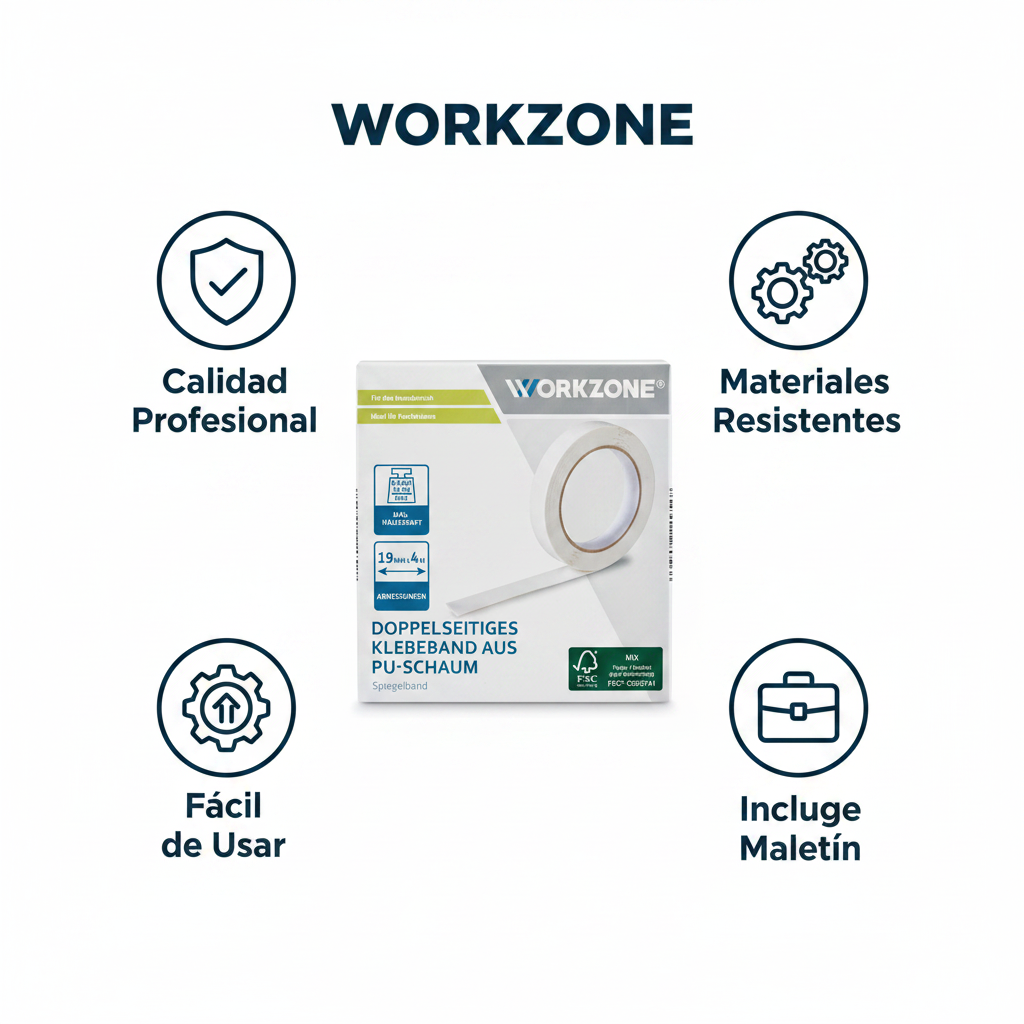 Cinta Adhesiva Doble Cara Espuma WORKZONE — 19mm x 4m