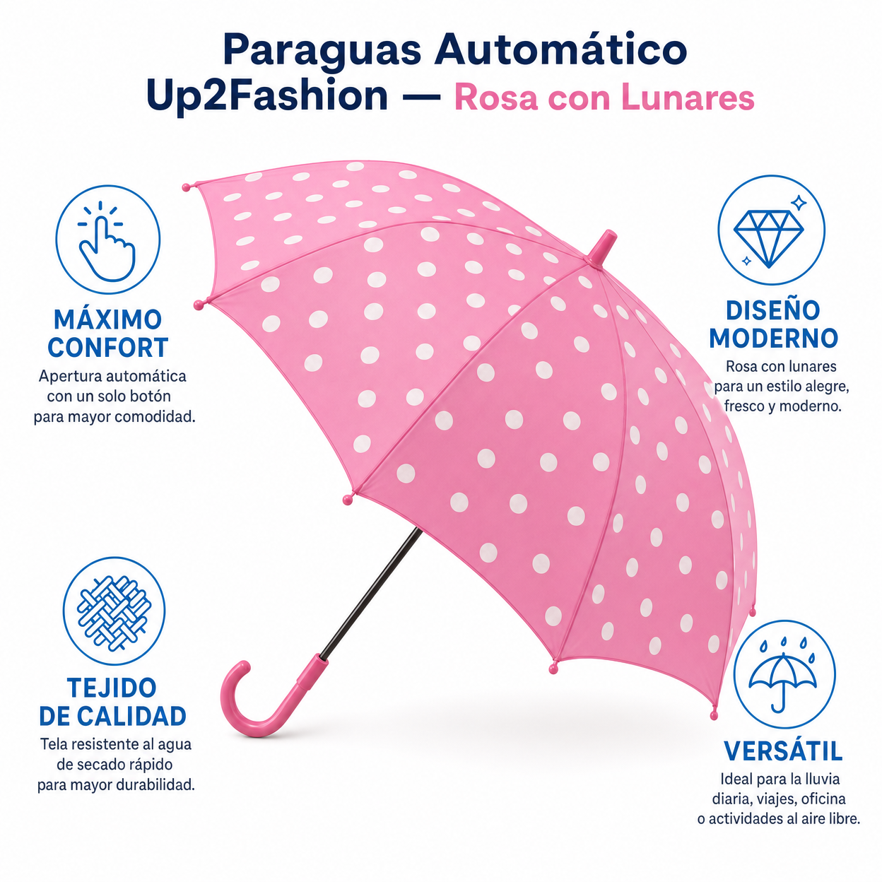 Paraguas Automático Up2Fashion — Rosa con Lunares