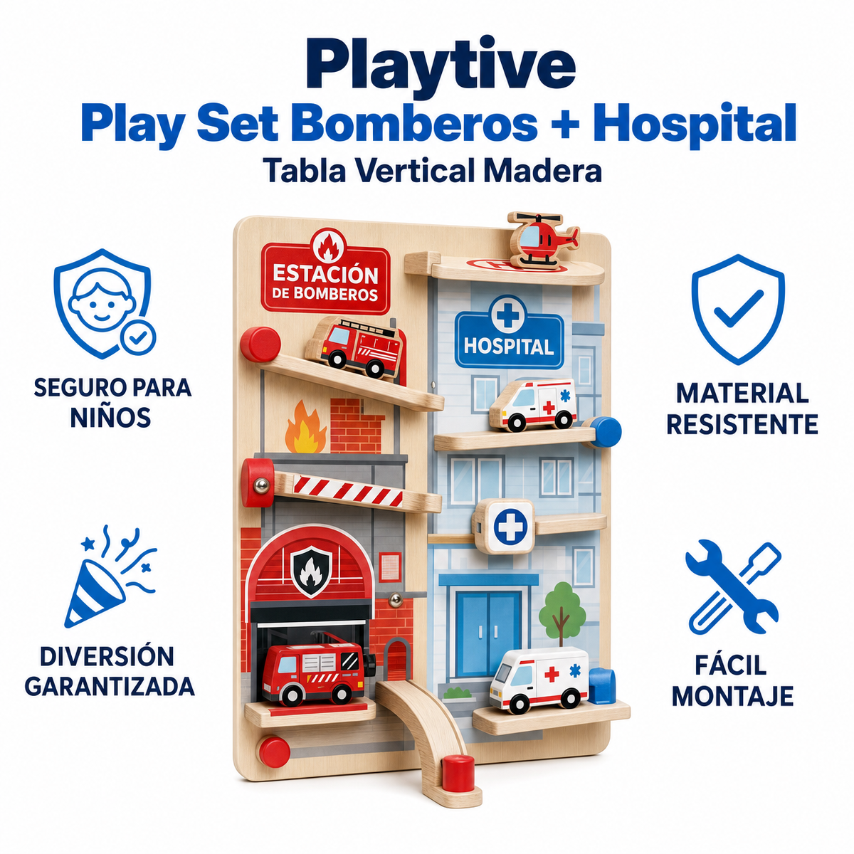 Playtive Play Set Bomberos + Hospital — Tabla Vertical Madera