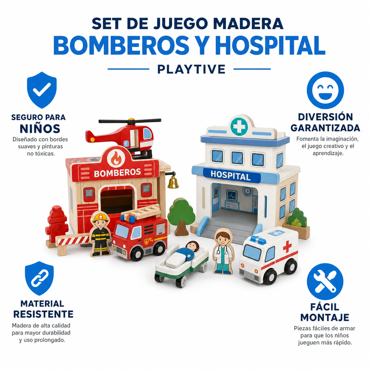 Set de Juego Madera Bomberos y Hospital — Playtive