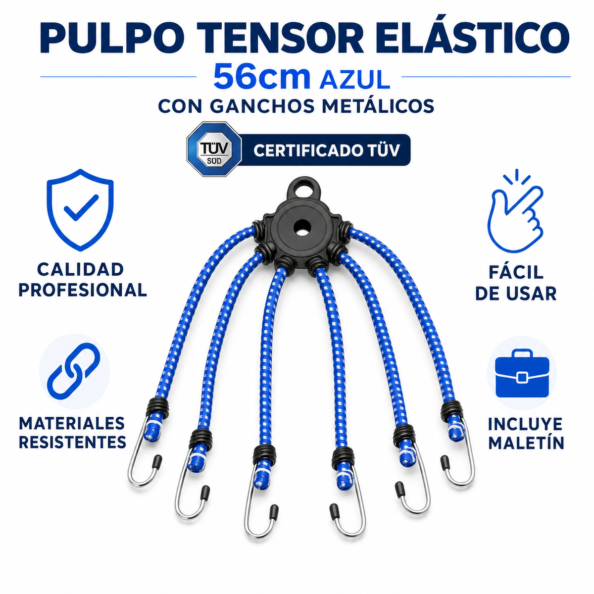 Pulpo Tensor Elástico — 56cm Azul con Ganchos Metálicos Certificado TÜV