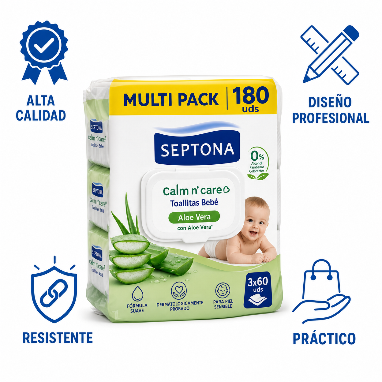 Toallitas Bebé Septona Calm n' Care — Multi Pack 180 uds Aloe Vera