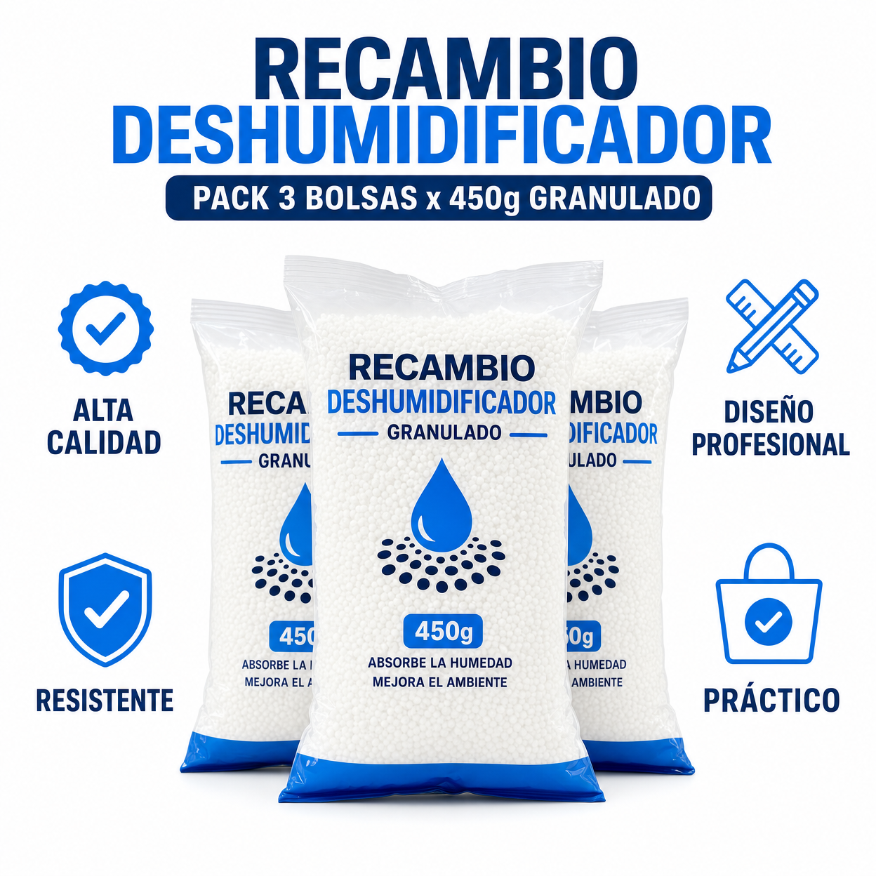 Recambio Deshumidificador — Pack 3 Bolsas x 450g Granulado