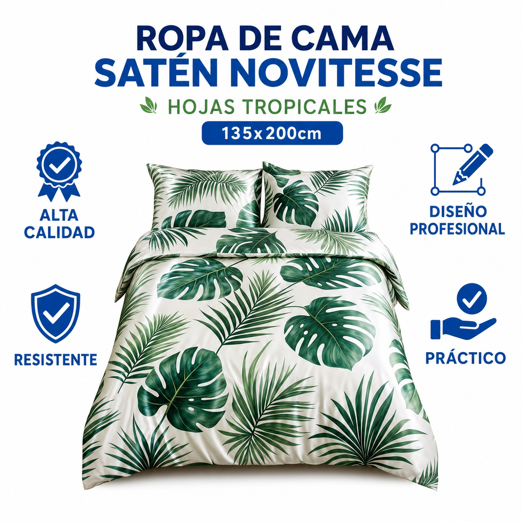 Ropa de Cama Satén Novitesse — Hojas Tropicales 135x200cm