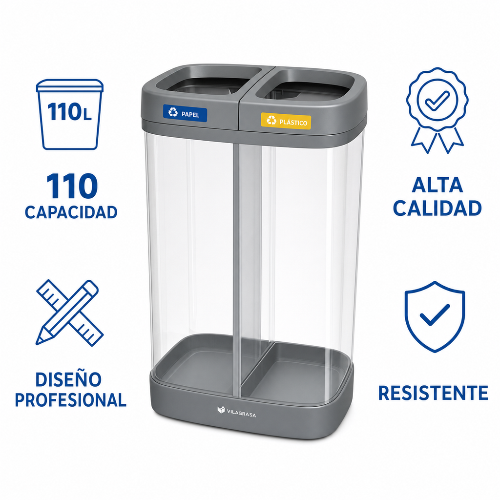 Papelera de Reciclaje Vilagrasa Saturn-02 — 2 Residuos Transparente 110L Gris