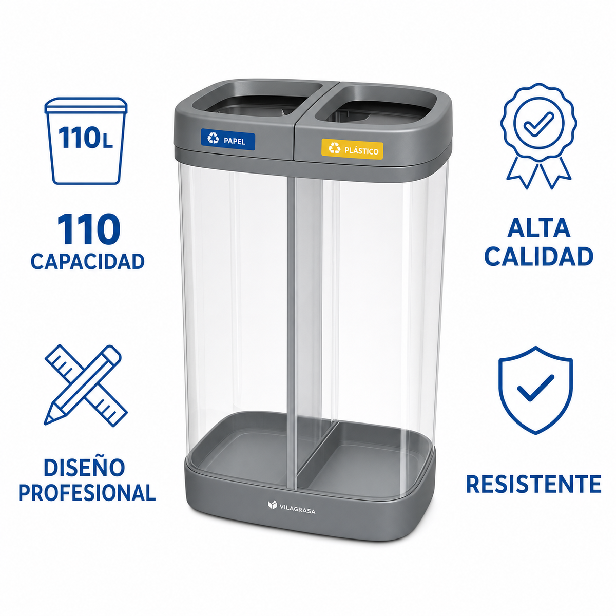 Papelera de Reciclaje Vilagrasa Saturn-02 — 2 Residuos Transparente 110L Gris
