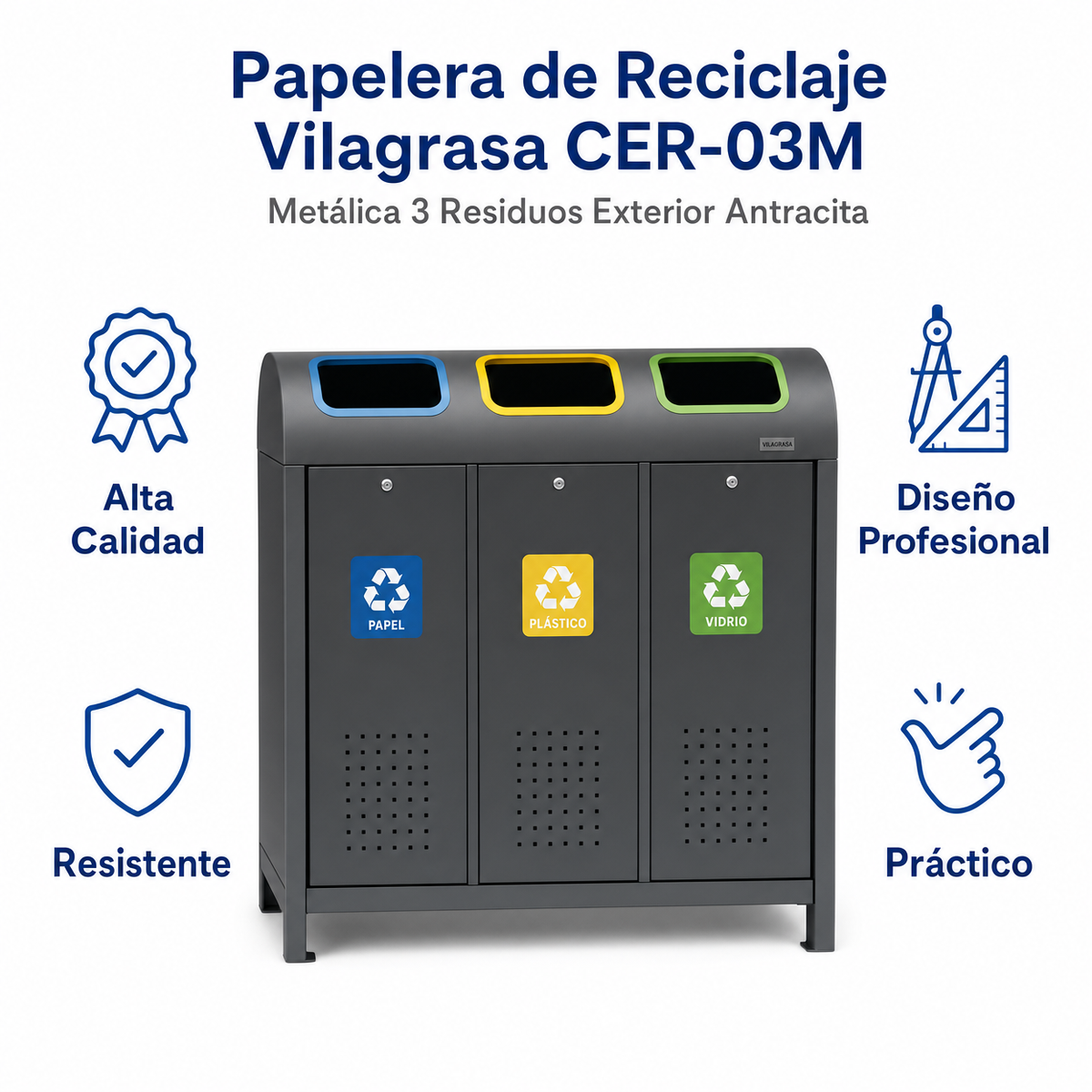 Papelera de Reciclaje Vilagrasa CER-03M — Metálica 3 Residuos Exterior Antracita