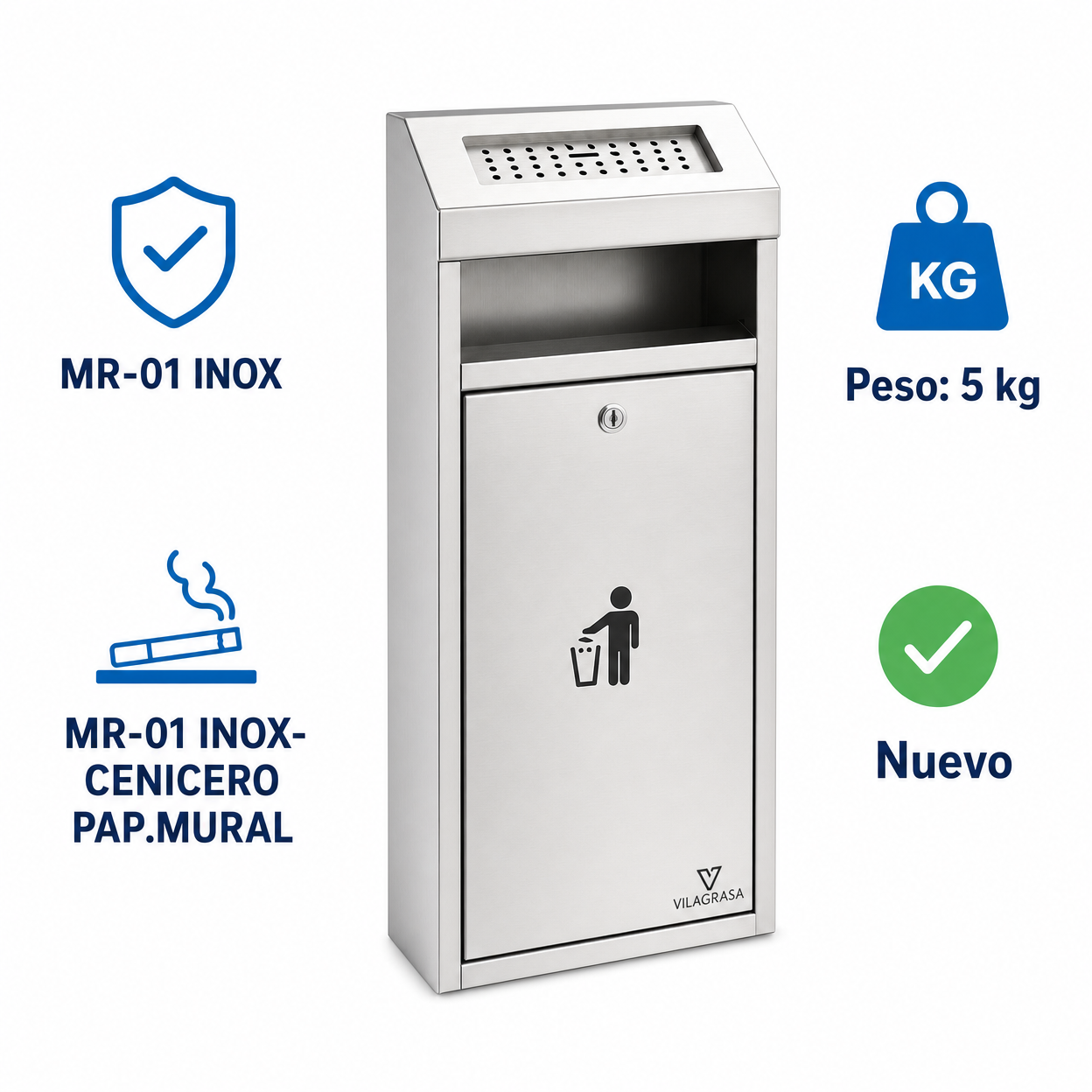 Papelera Exterior Vilagrasa MR-01 INOX — Cenicero Pap.Mural 322X177X623 Mm Cap. 17 L.