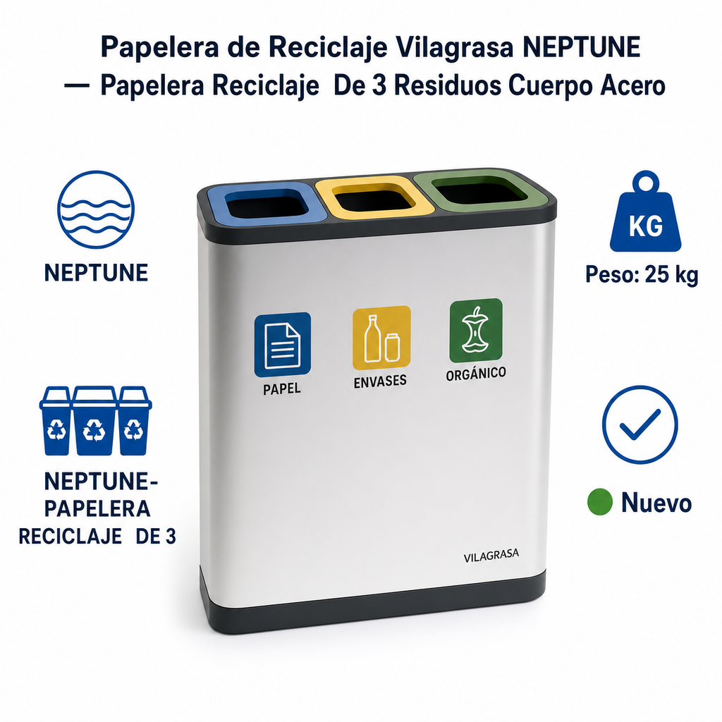 Papelera de Reciclaje Vilagrasa NEPTUNE — Papelera Reciclaje  De 3 Residuos Cuerpo Acero