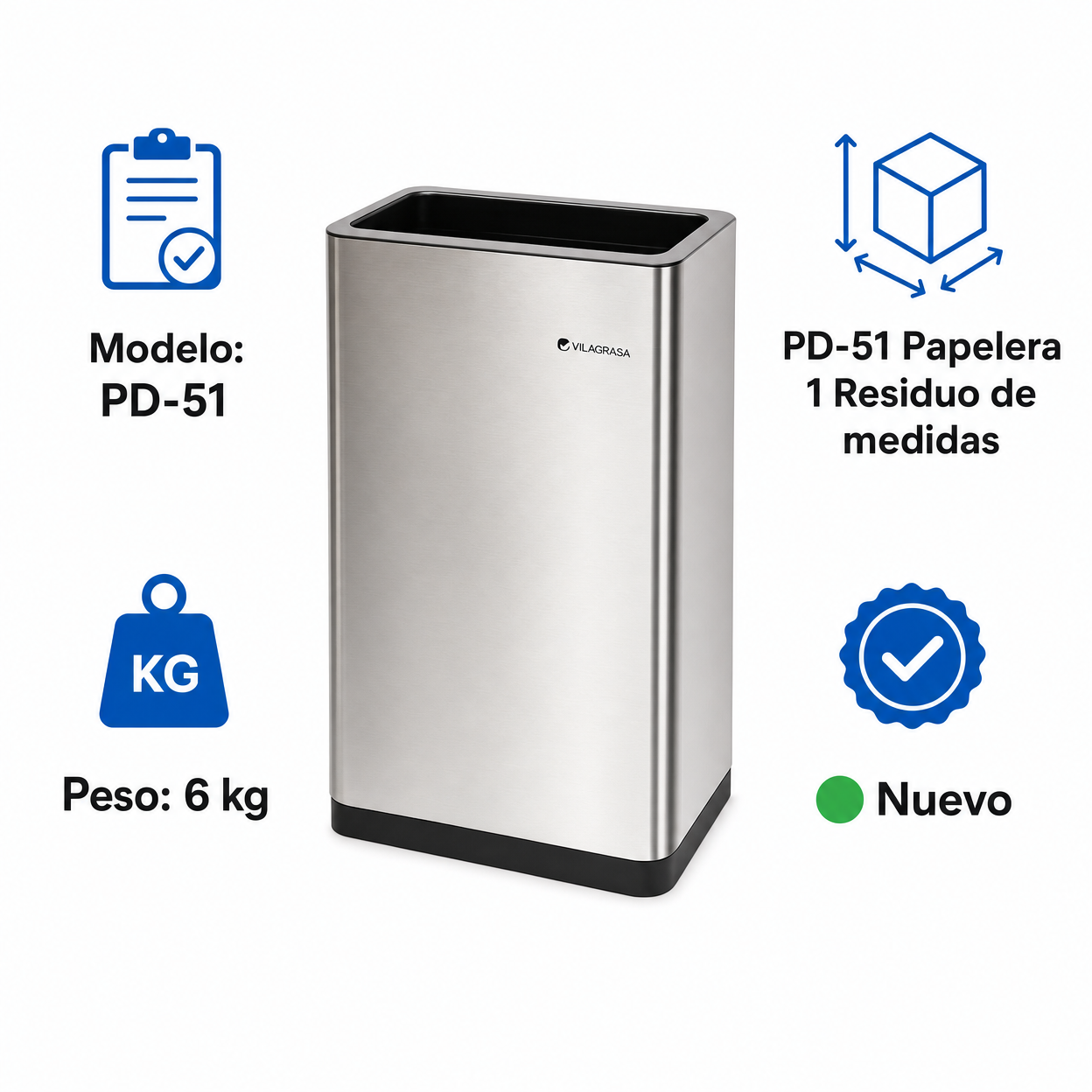 Papelera de Oficina Vilagrasa PD-51 — 51 Papelera 1 Residuo De Medidas 35X25X50 Cms Inox Antihuell