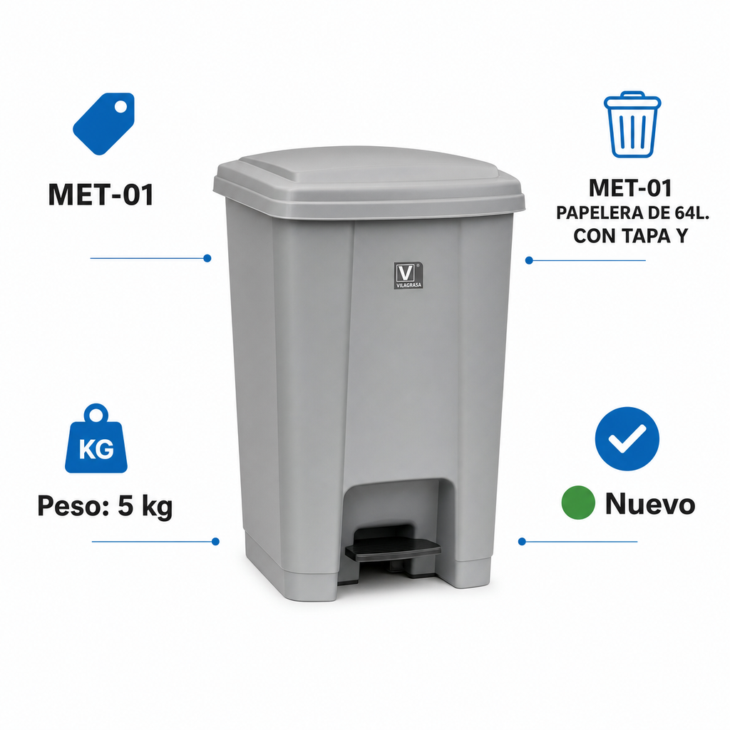 Papelera de Oficina Vilagrasa MET-01 — 01 Papelera De 64L. Con Tapa Y Pedal En Color Gris