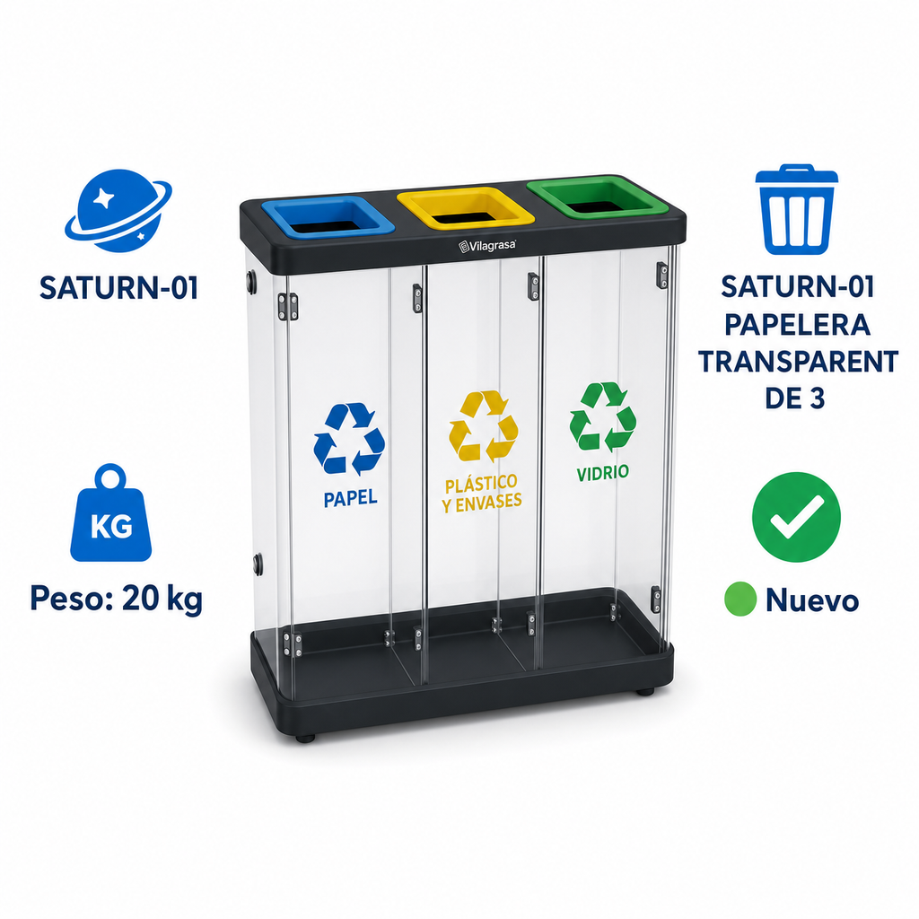 Papelera de Reciclaje Vilagrasa SATURN-01 — 01 Papelera Transparent De 3 Residuos De Medidas