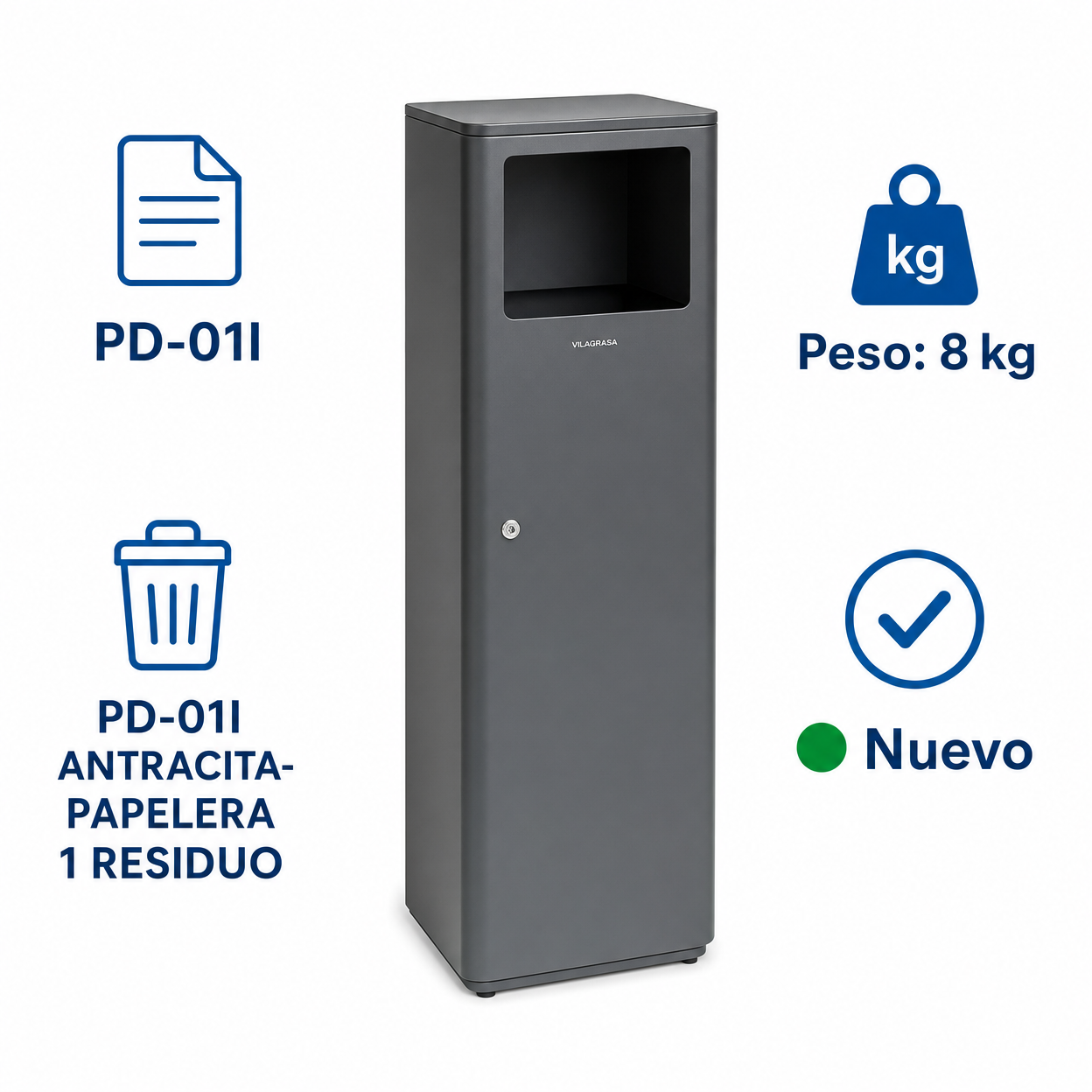 Papelera de Oficina Vilagrasa PD-01I — 01I Antracita-Papelera 1 Residuo 291X300X869 Mm Cap 60 L.