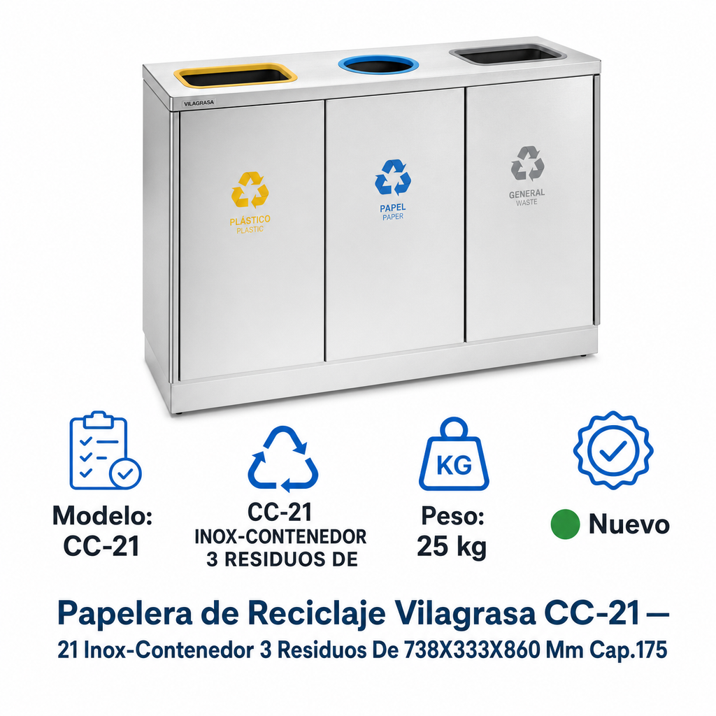 Papelera de Reciclaje Vilagrasa CC-21 — 21 Inox-Contenedor 3 Residuos De 738X333X860 Mm Cap.175