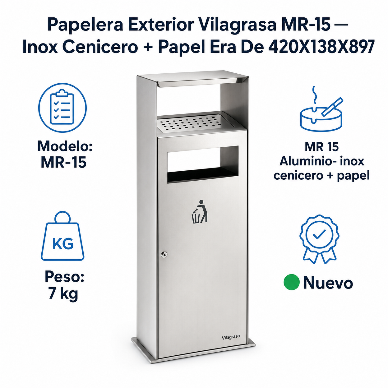 Papelera Exterior Vilagrasa MR-15 — Inox Cenicero + Papel Era De 420X138X897