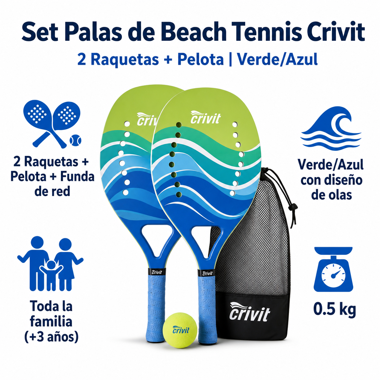 Set Palas de Beach Tennis Crivit — 2 Raquetas + Pelota | Verde/Azul