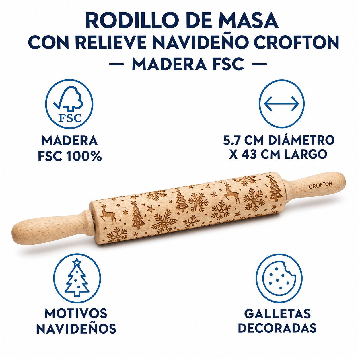Rodillo de Masa con Relieve Navideño Crofton — Madera FSC