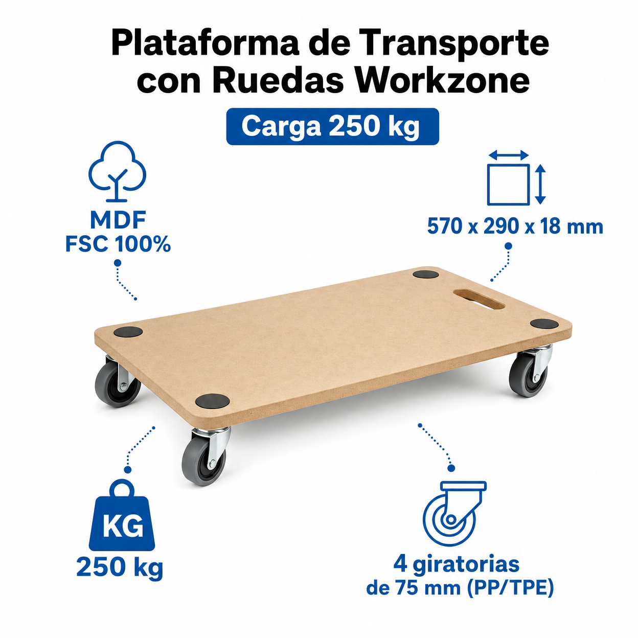 Plataforma de Transporte con Ruedas Workzone — Carga 250 kg