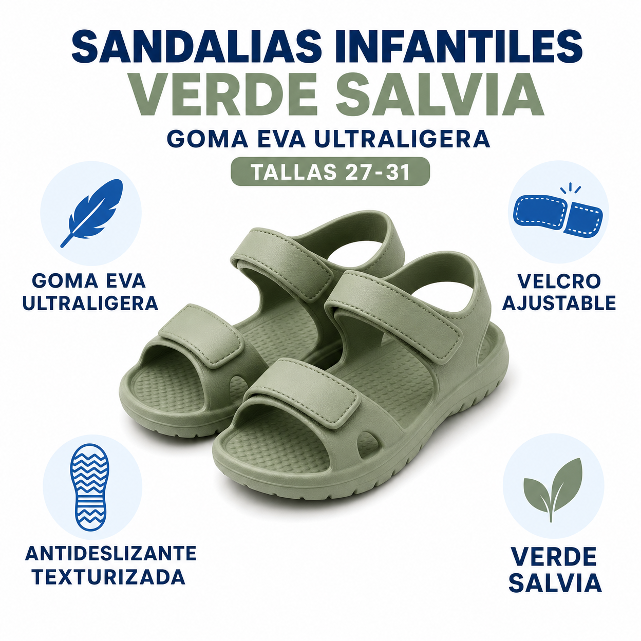 Sandalias Infantiles Verde Salvia — Goma EVA Ultraligera (Tallas 27-31)