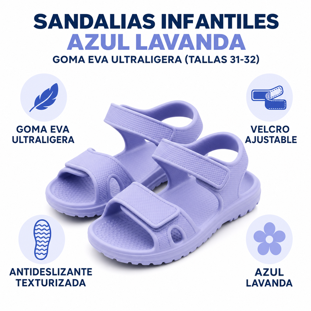 Sandalias Infantiles Azul Lavanda — Goma EVA Ultraligera (Tallas 31-32)
