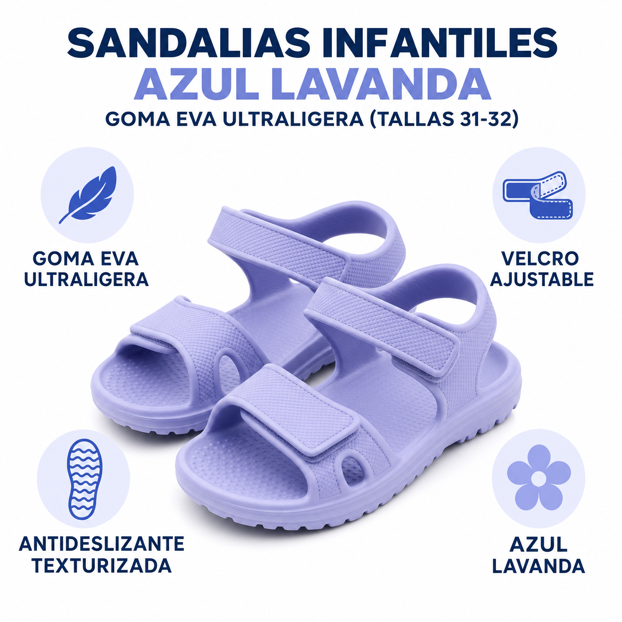Sandalias Infantiles Azul Lavanda — Goma EVA Ultraligera (Tallas 31-32)