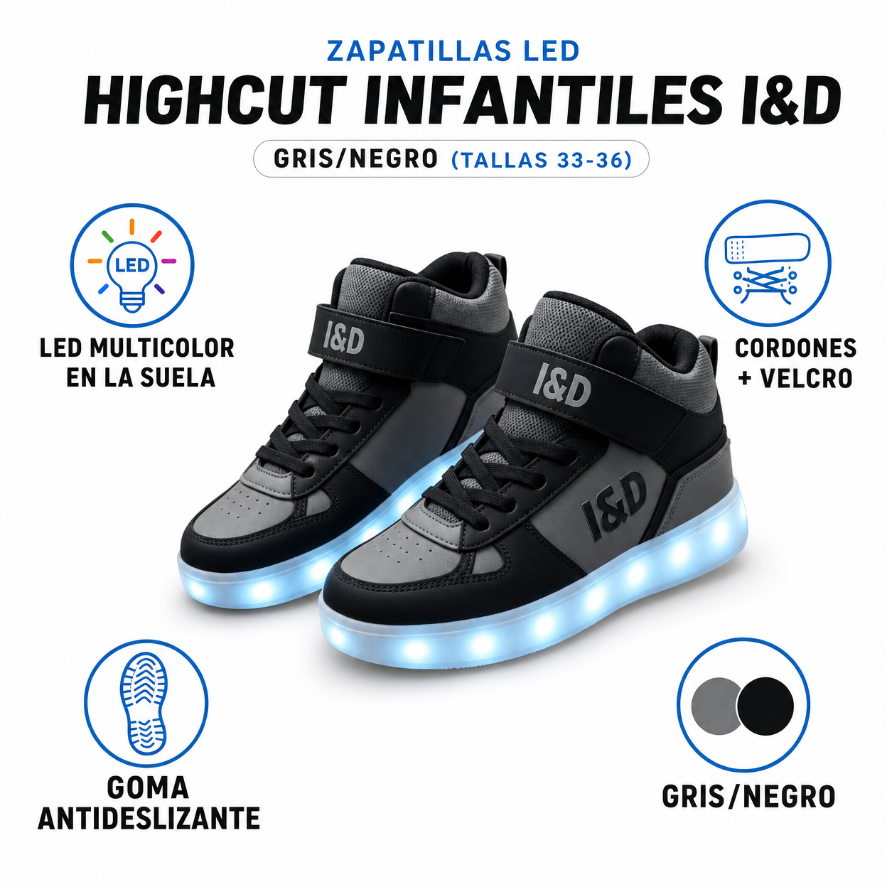 Zapatillas LED Highcut Infantiles I&D — Gris/Negro (Tallas 33-36)