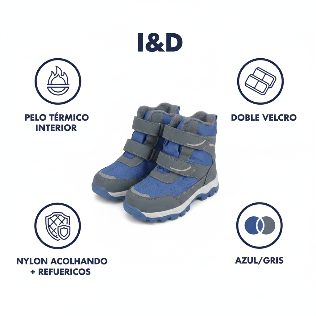 Botas Térmicas Infantiles I&D — Azul/Gris con Forro (Talla 34)