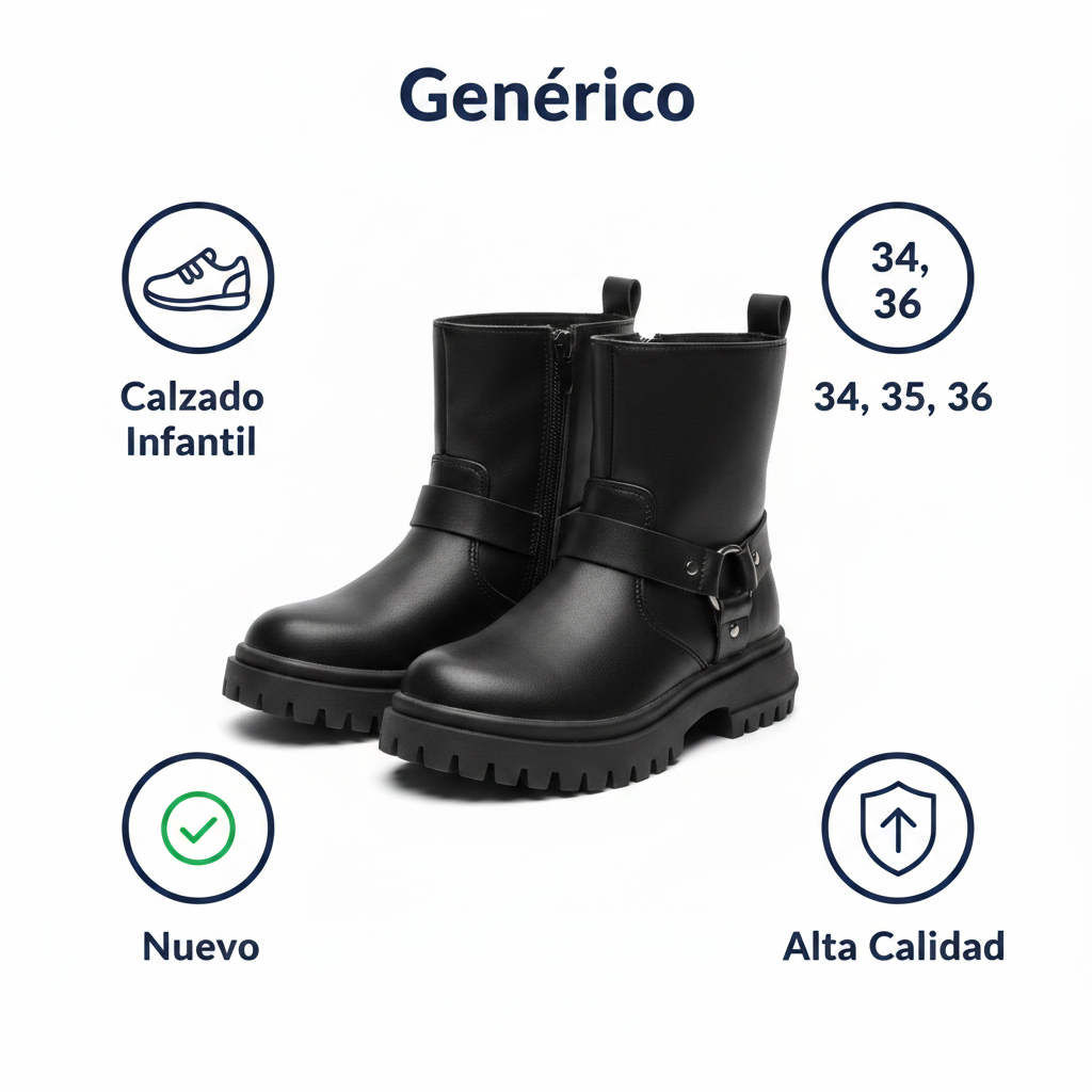 Botas Moteras Niña Negras — Estilo Biker con Hebilla y Cremallera
