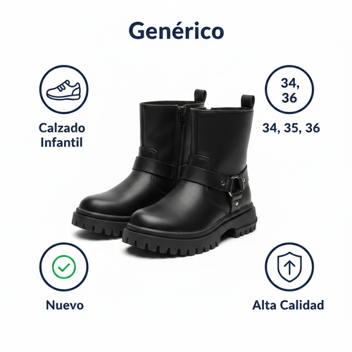 Botas Moteras Niña Negras — Estilo Biker con Hebilla y Cremallera