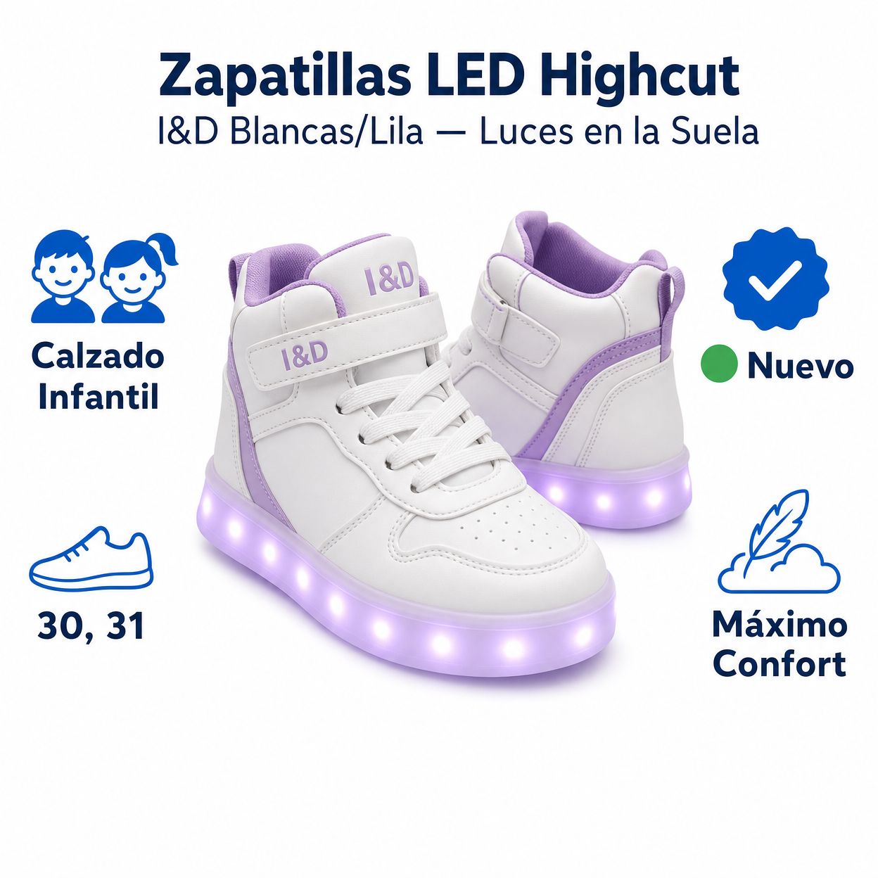 Zapatillas LED Highcut I&D Blancas/Lila — Luces en la Suela