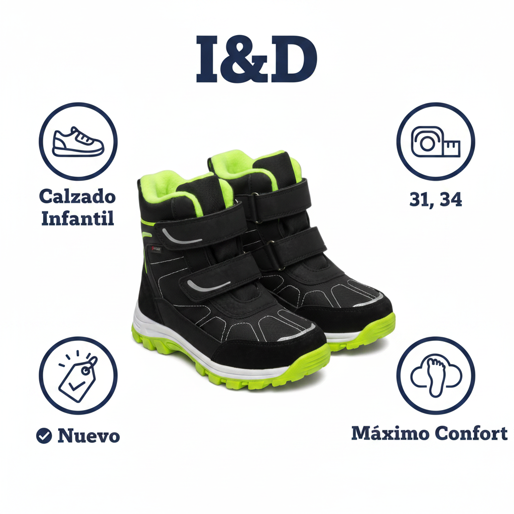 Botas Térmicas Infantiles Negro/Verde Flúor — Isolate con Doble Velcro