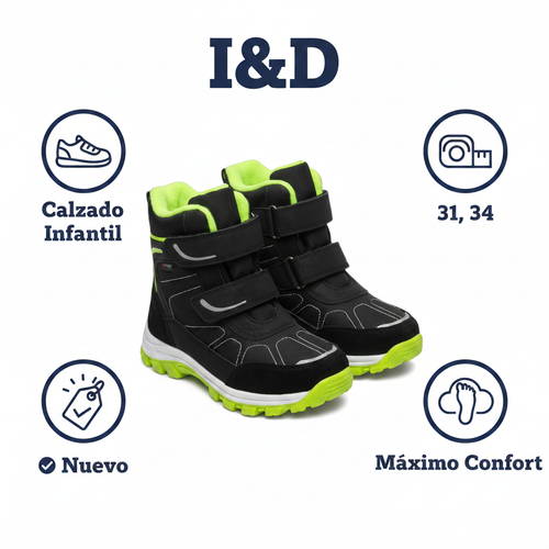 Botas Térmicas Infantiles Negro/Verde Flúor — Isolate con Doble Velcro