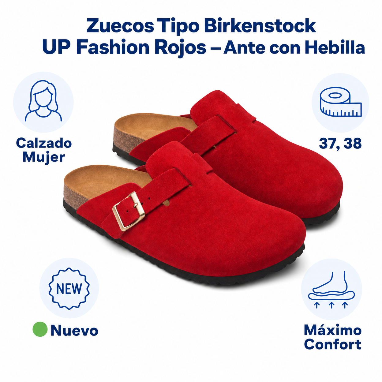 Zuecos Tipo Birkenstock UP Fashion Rojos — Ante con Hebilla