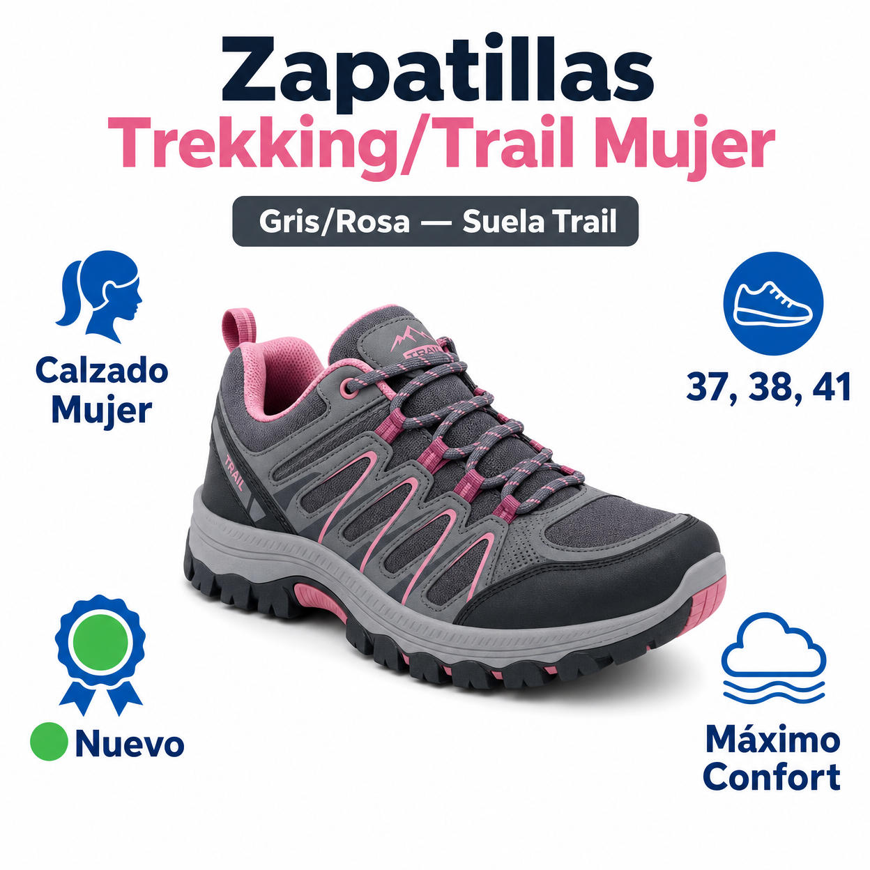 Zapatillas Trekking/Trail Mujer Gris/Rosa — Suela Trail