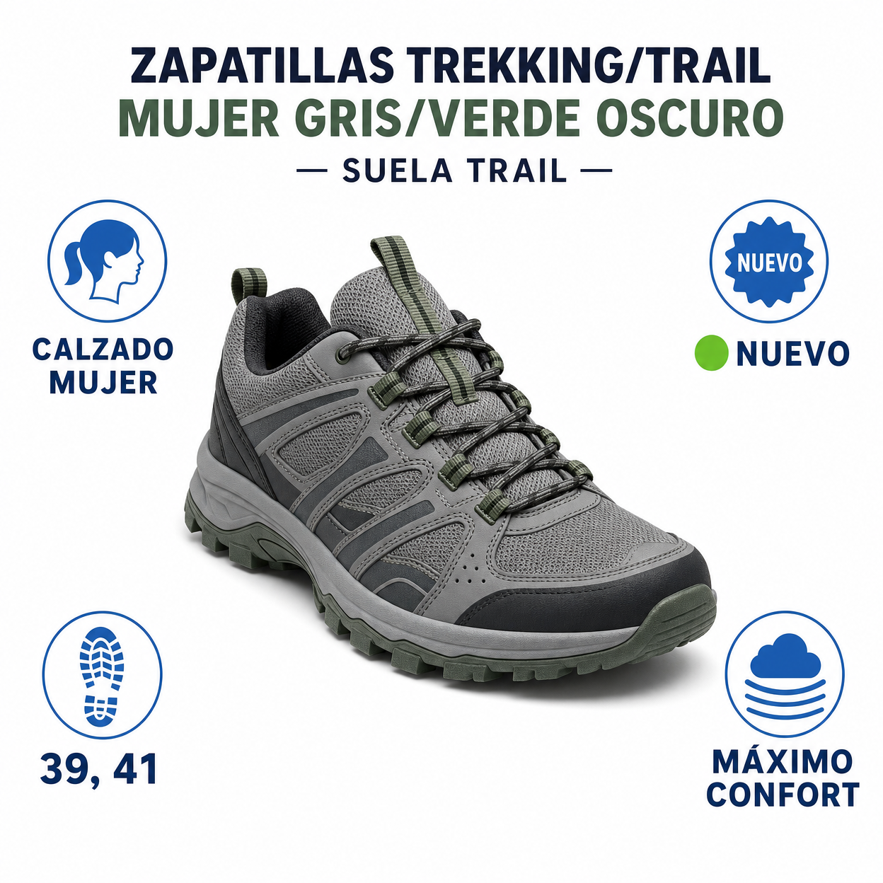 Zapatillas Trekking/Trail Mujer Gris/Verde Oscuro — Suela Trail
