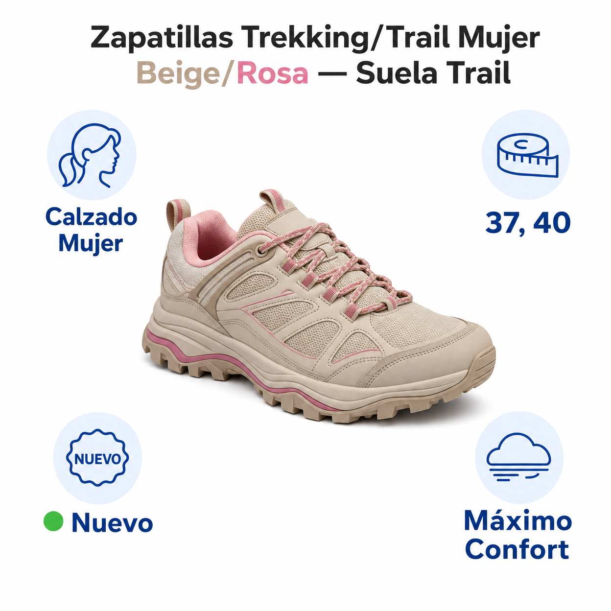 Zapatillas Trekking/Trail Mujer Beige/Rosa — Suela Trail