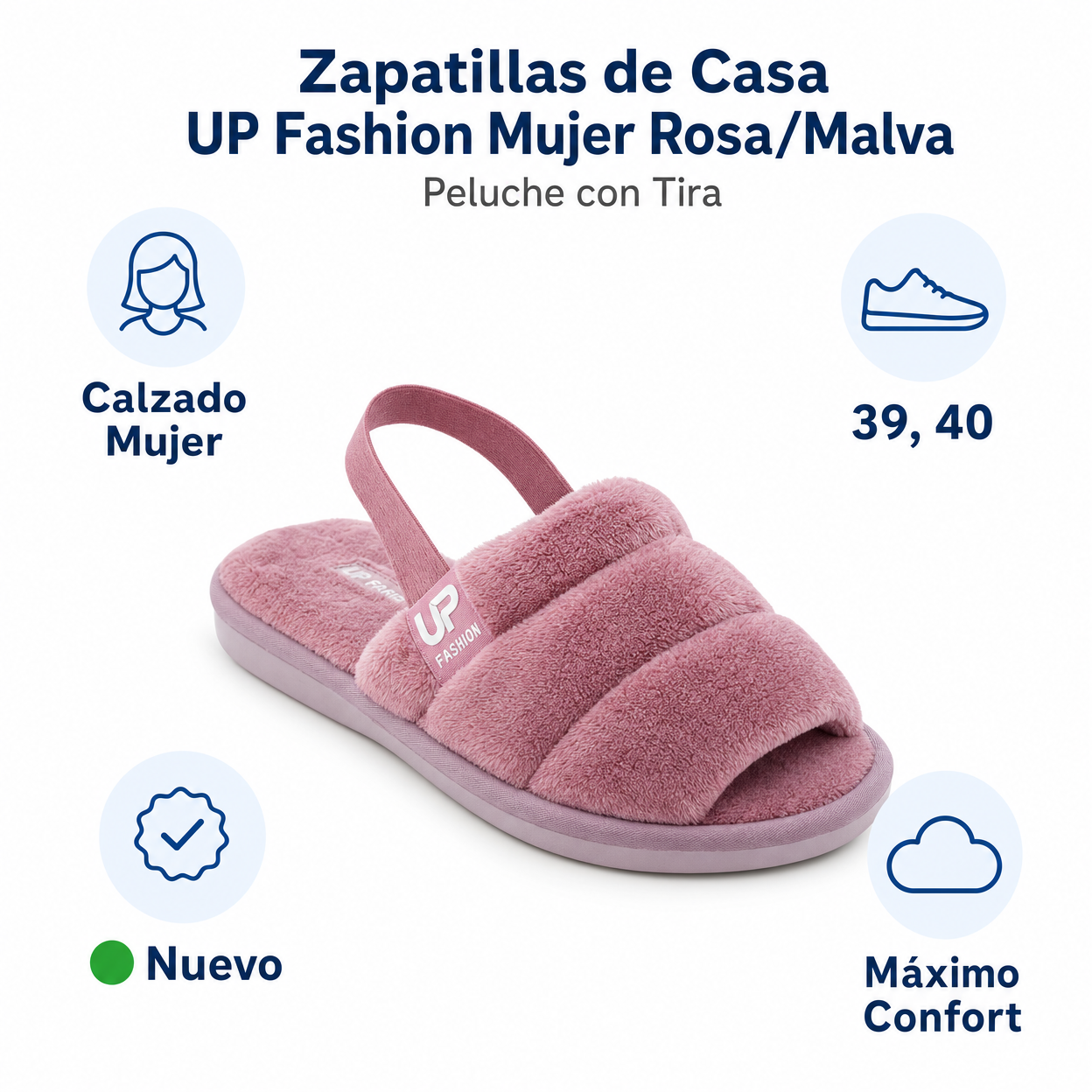 Zapatillas de Casa UP Fashion Mujer Rosa/Malva — Peluche con Tira