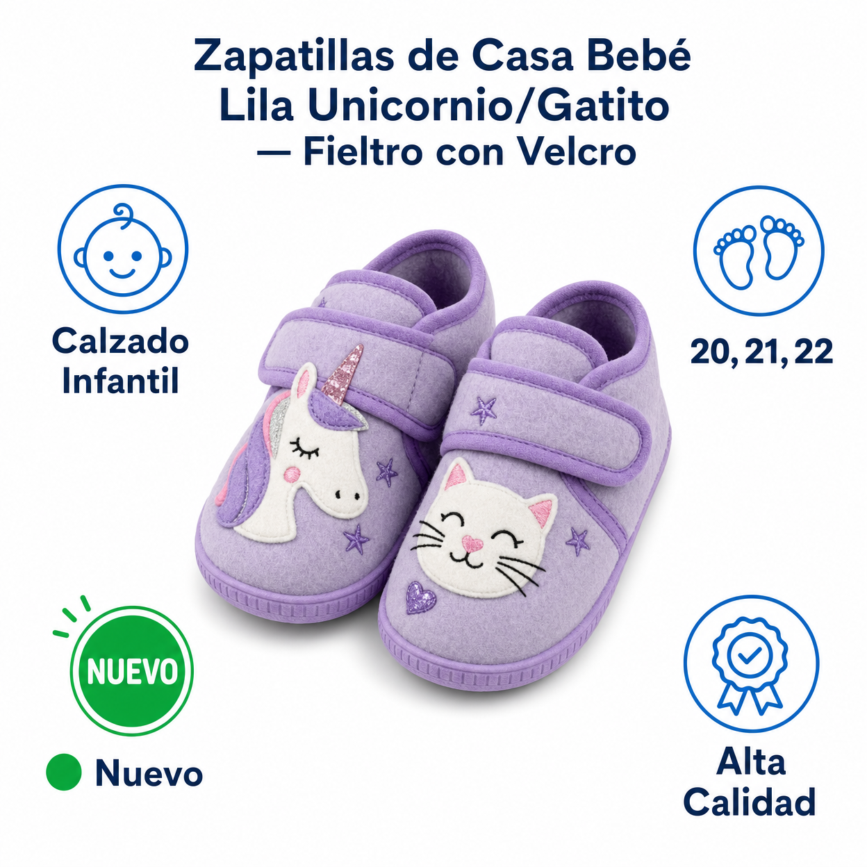 Zapatillas de Casa Bebé Lila Unicornio/Gatito — Fieltro con Velcro