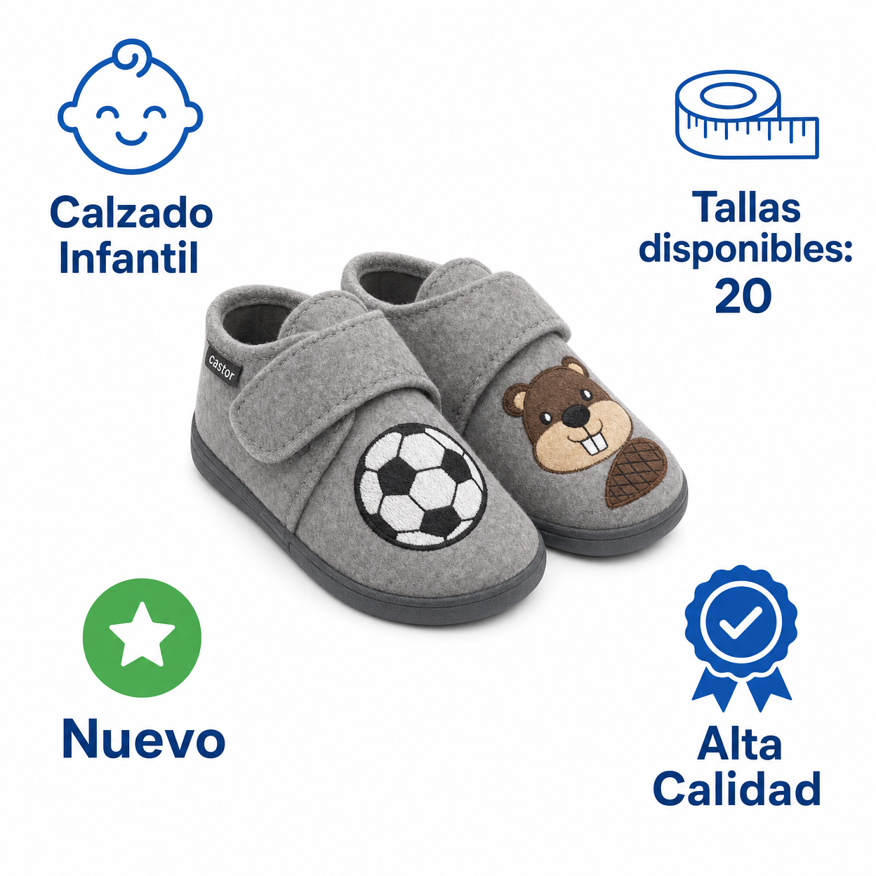 Zapatillas de Casa Bebé Gris Fútbol/Castor — Fieltro con Velcro