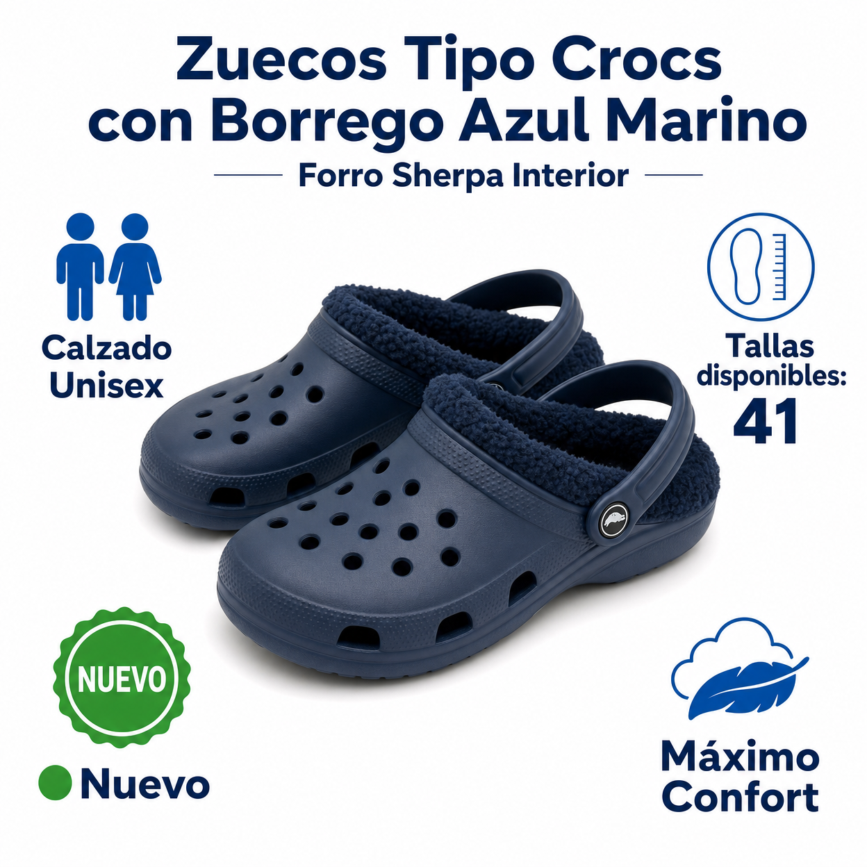 Zuecos Tipo Crocs con Borrego Azul Marino — Forro Sherpa Interior