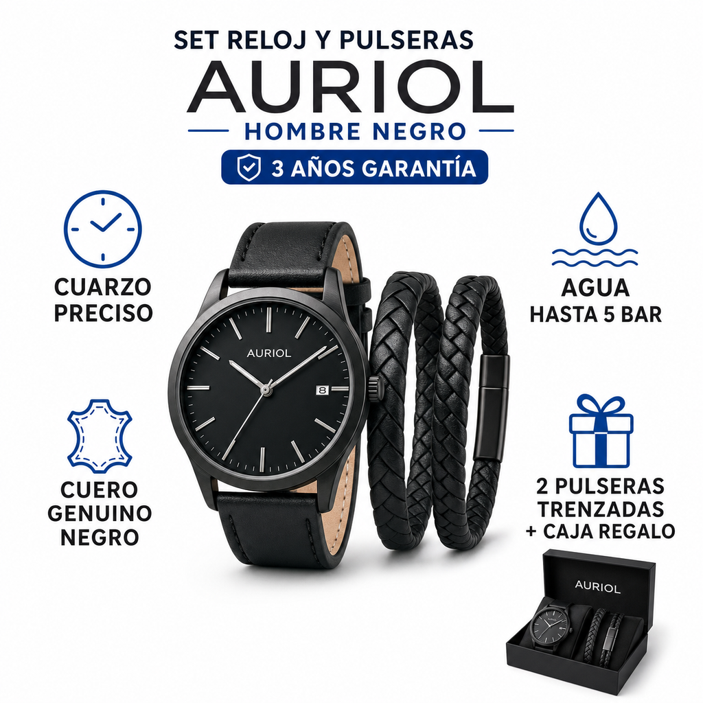 Set Reloj y Pulseras Auriol Hombre Negro — Cuero Trenzado + 3 Años Garantía