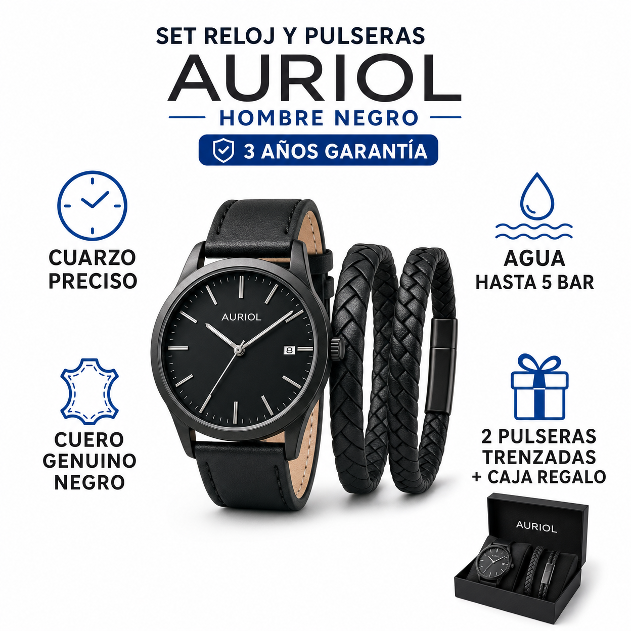 Set Reloj y Pulseras Auriol Hombre Negro — Cuero Trenzado + 3 Años Garantía
