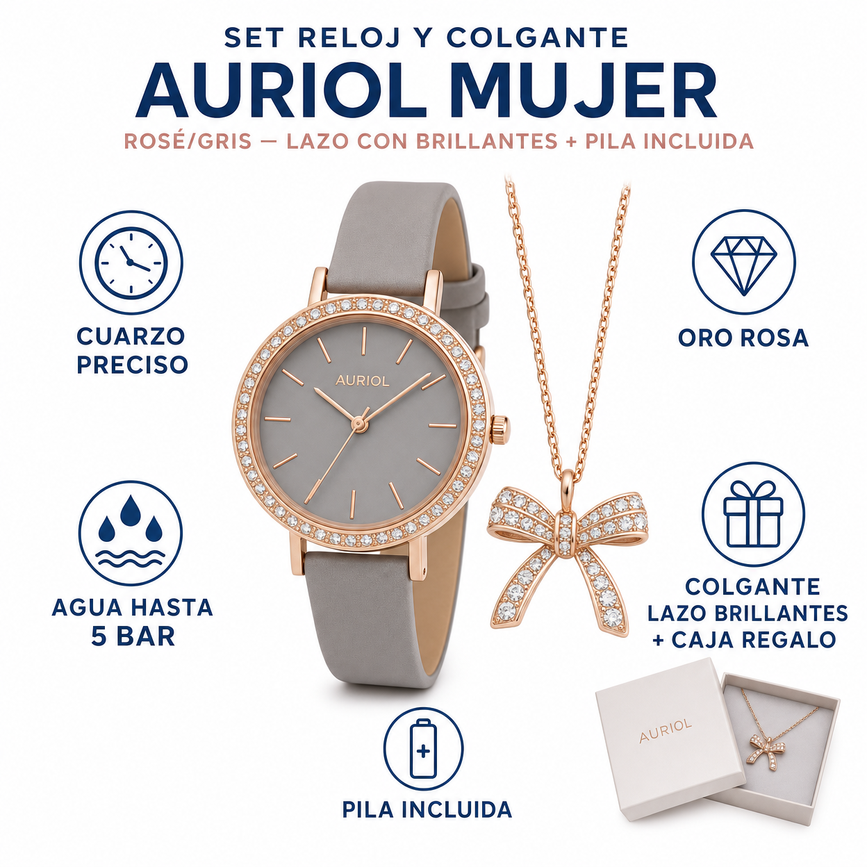 Set Reloj y Colgante Auriol Mujer Rosé/Gris — Lazo con Brillantes + Pila Incluida