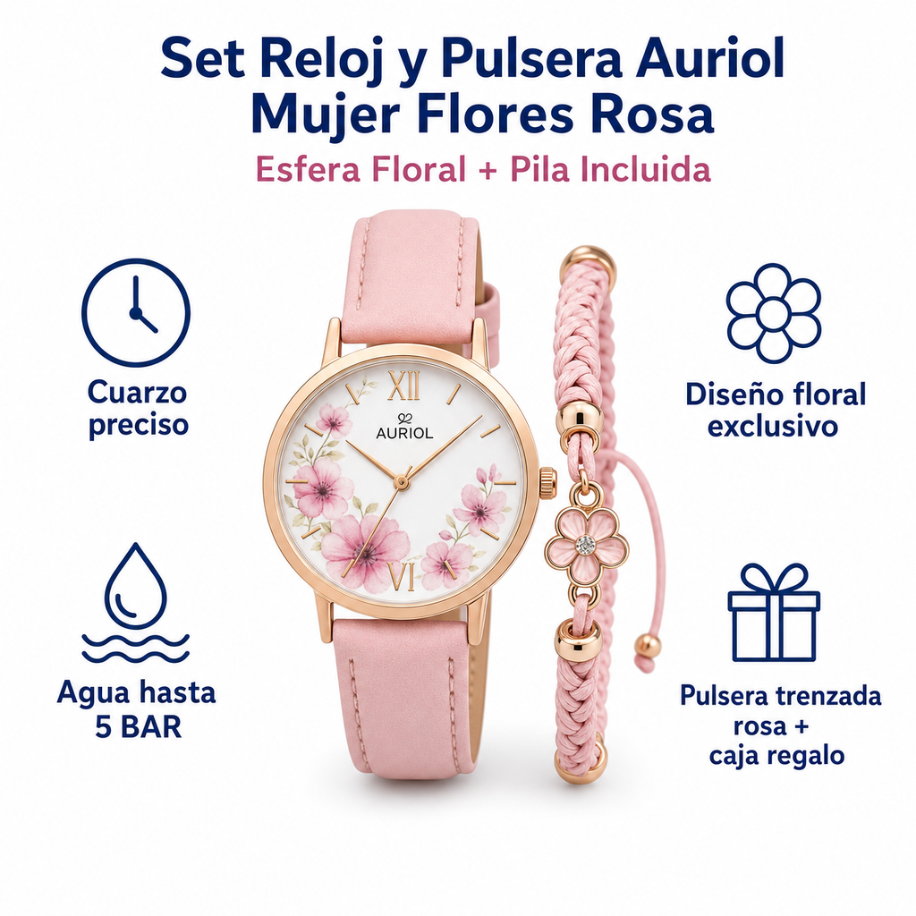 Set Reloj y Pulsera Auriol Mujer Flores Rosa — Esfera Floral + Pila Incluida