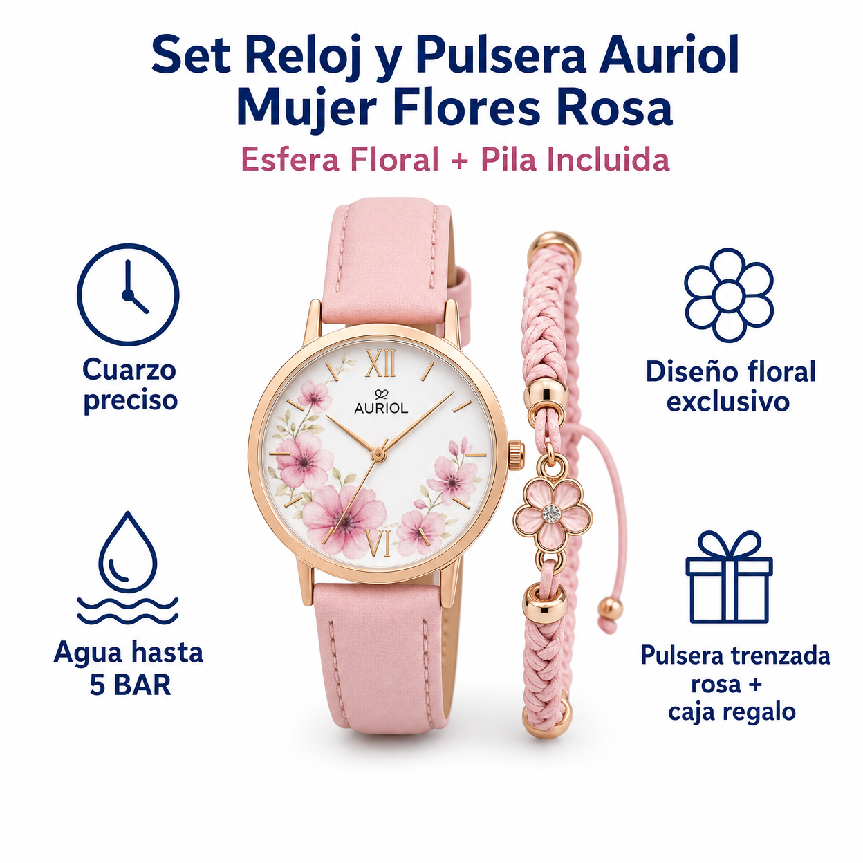 Set Reloj y Pulsera Auriol Mujer Flores Rosa — Esfera Floral + Pila Incluida
