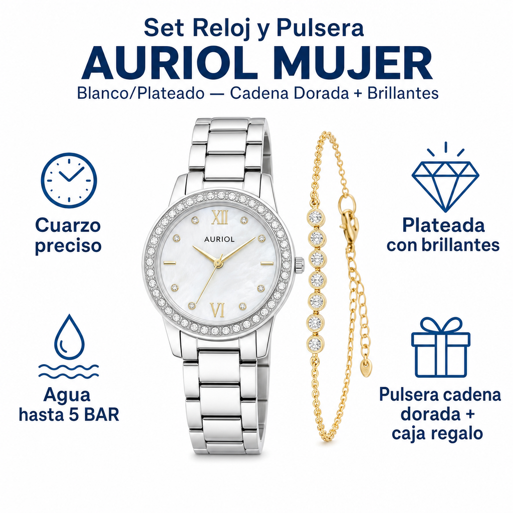 Set Reloj y Pulsera Auriol Mujer Blanco/Plateado — Cadena Dorada + Brillantes