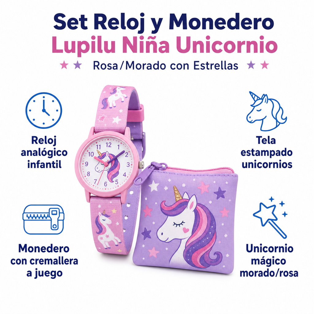 Set Reloj y Monedero Lupilu Niña Unicornio — Rosa/Morado con Estrellas